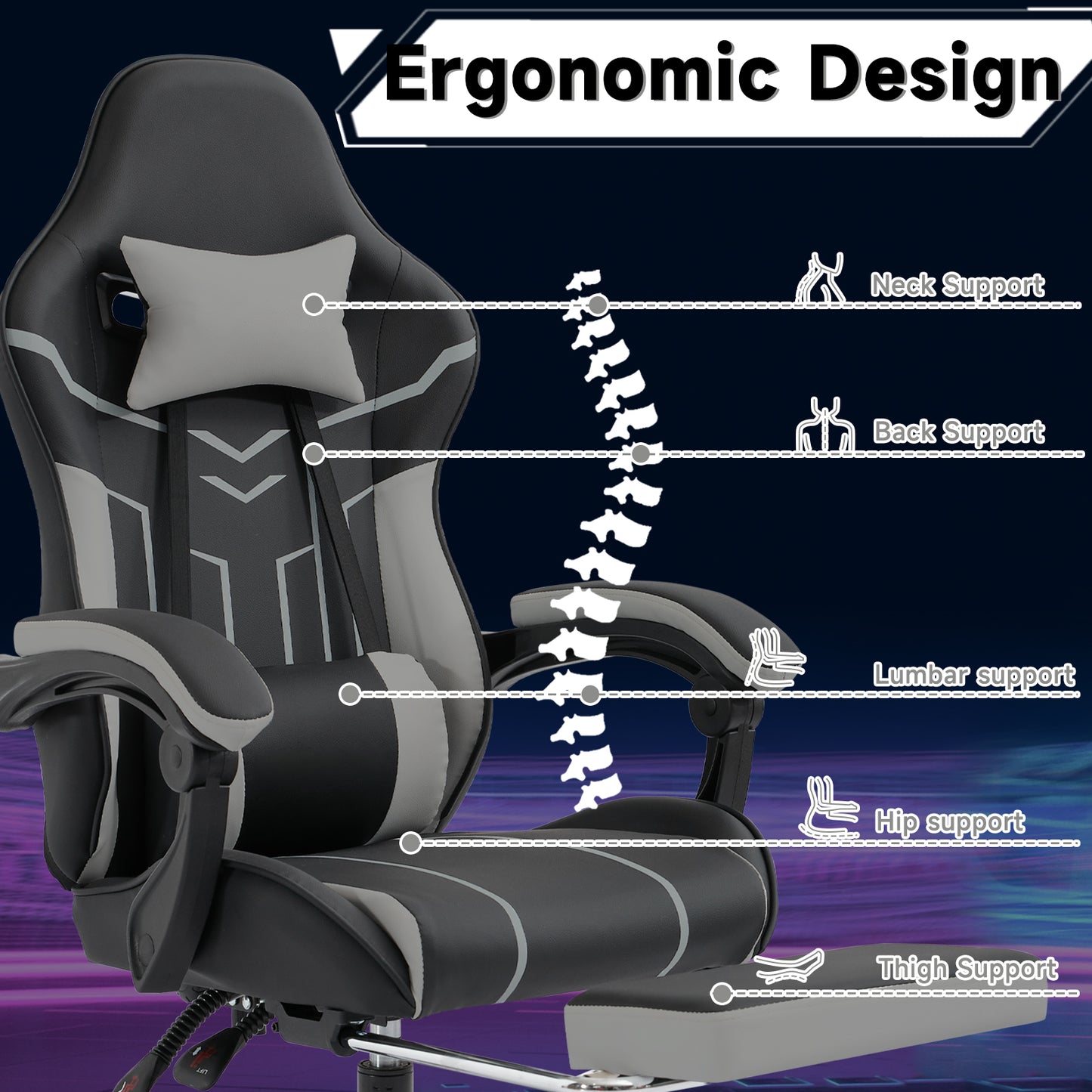 Gaming Chair, Computer Chair Ergonomic Chair With Footrest Office Chair Ergonomic Computer Chair With Lumbar Backrest Blackgray
