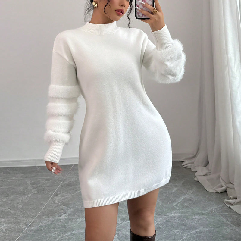Women’s Plush Long Sleeve Mini Dress – A-Line Fitted Winter Party Dress with Faux Fur Trim