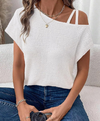Women’s Solid Color Off-Shoulder Knit T-Shirt – Short Sleeve Casual Top