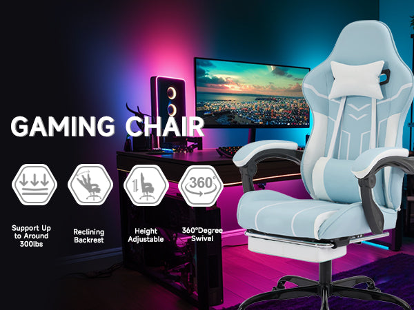 Gaming Chair, Computer Chair Ergonomic Chair With Footrest Office Chair Ergonomic Computer Chair With Lumbar Backrest Bluewhite