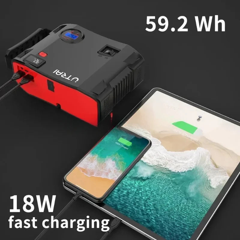 Utrai Car Jump Starter 59.2wh Power Bank 12V BatteryCharger Booster with Tire Air Pump LED Light Emergency Tool Starting Device