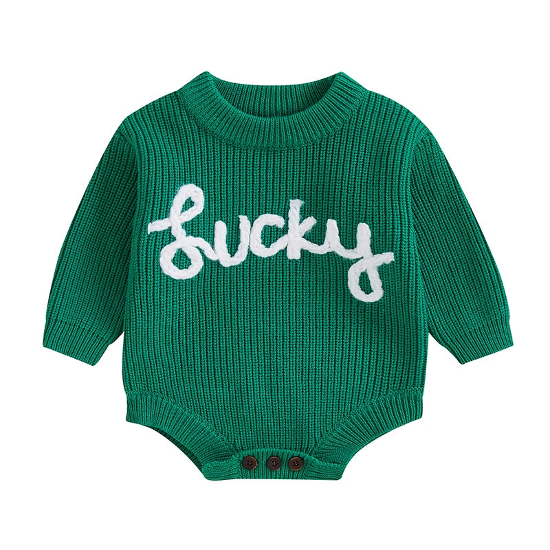 Unisex Infant Knit Jumpsuit – Winter Romper with Embroidered Animal Design