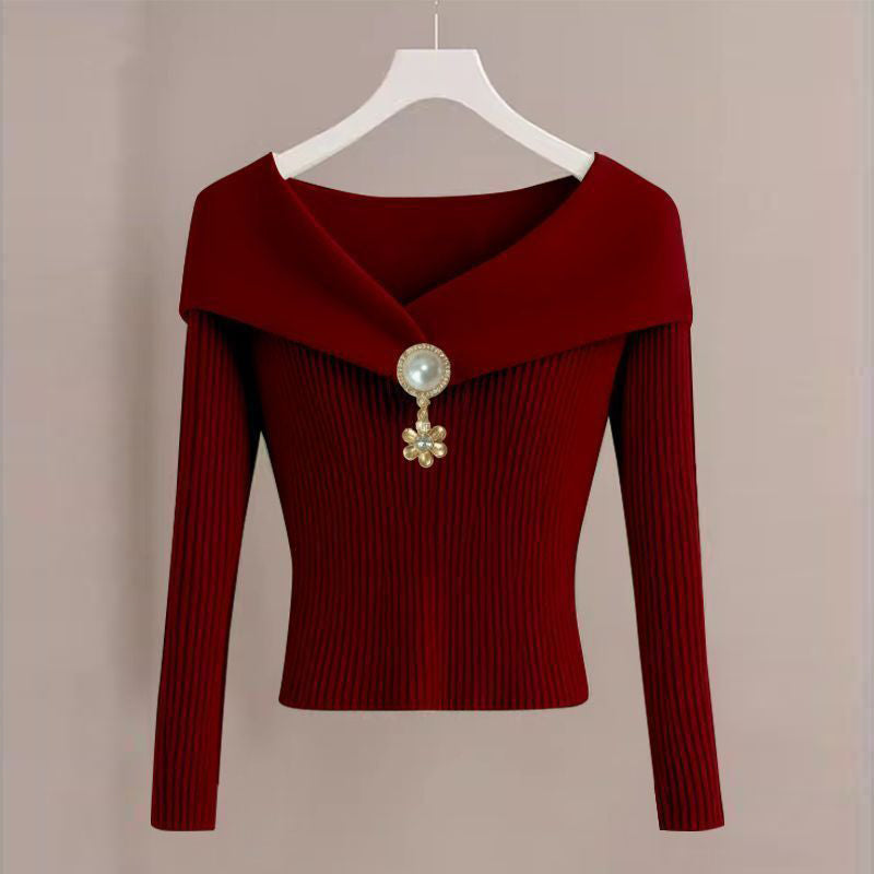 Women’s French-Style V-Neck Knit Top – Long Sleeve Blouse with Elegant Embellished Detail