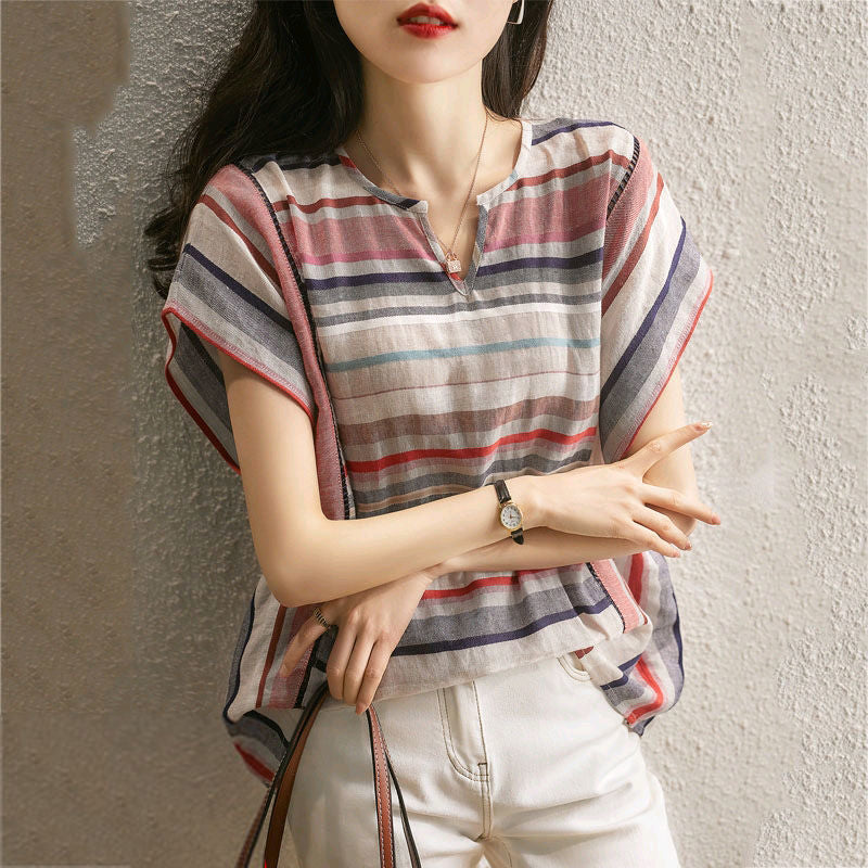 Women’s Striped Short Sleeve Shirt – Loose Fit Casual Summer Top