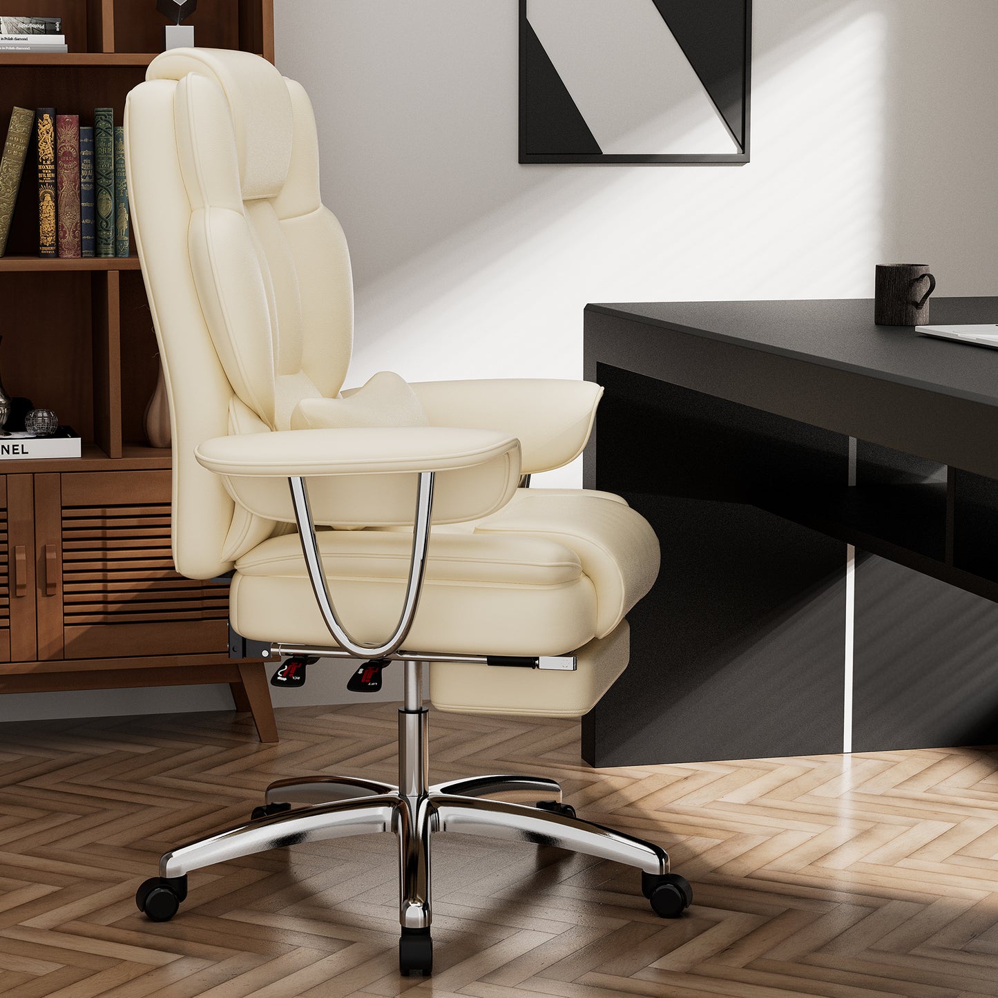 Big & Tall Executive Office Chair with Footrest – Ergonomic High-Back Reclining Leather Computer Chair for Home Office, Beige