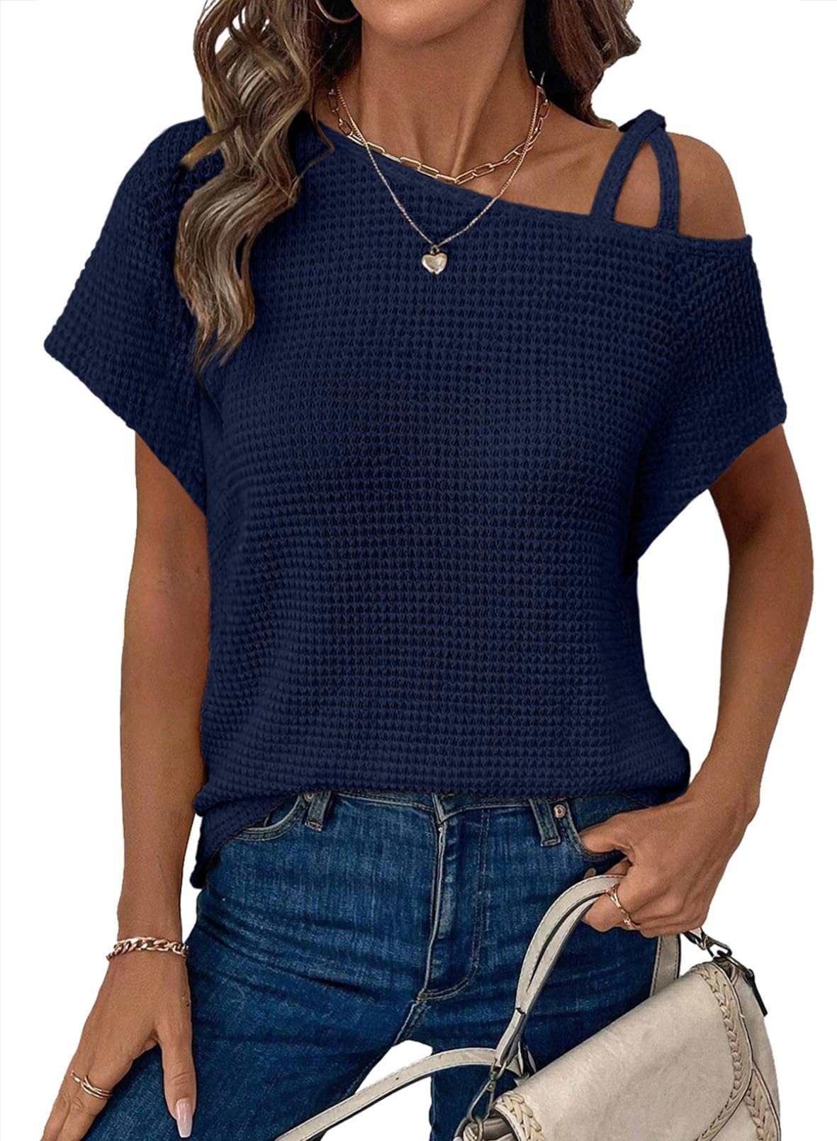 Women’s Solid Color Off-Shoulder Knit T-Shirt – Short Sleeve Casual Top