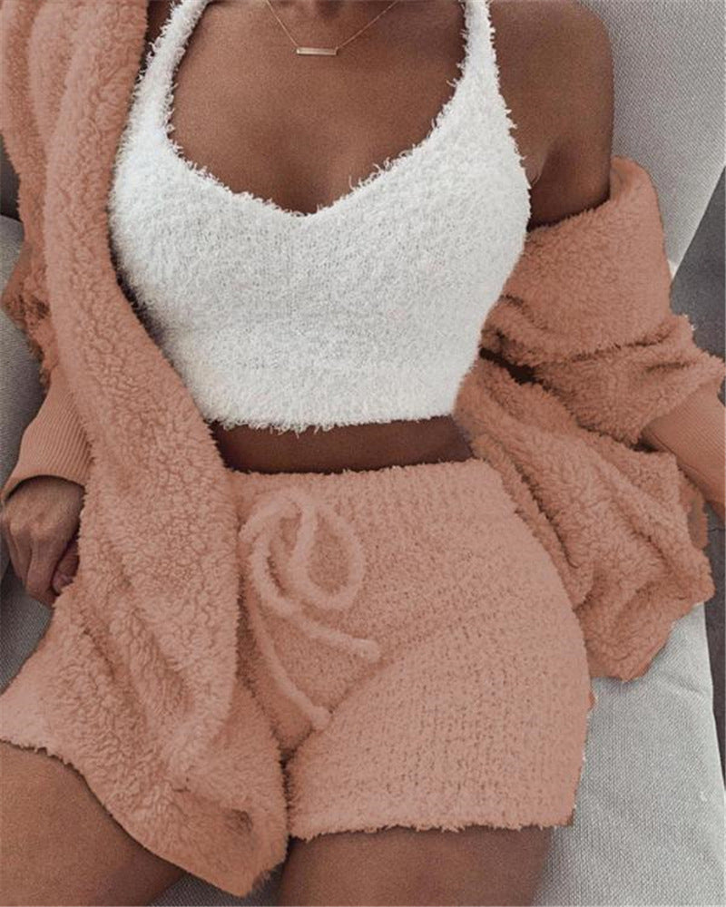 3-Piece Women’s Long Sleeve Crop Top & Shorts Pajama Set