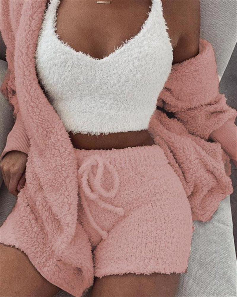 3-Piece Women’s Long Sleeve Crop Top & Shorts Pajama Set