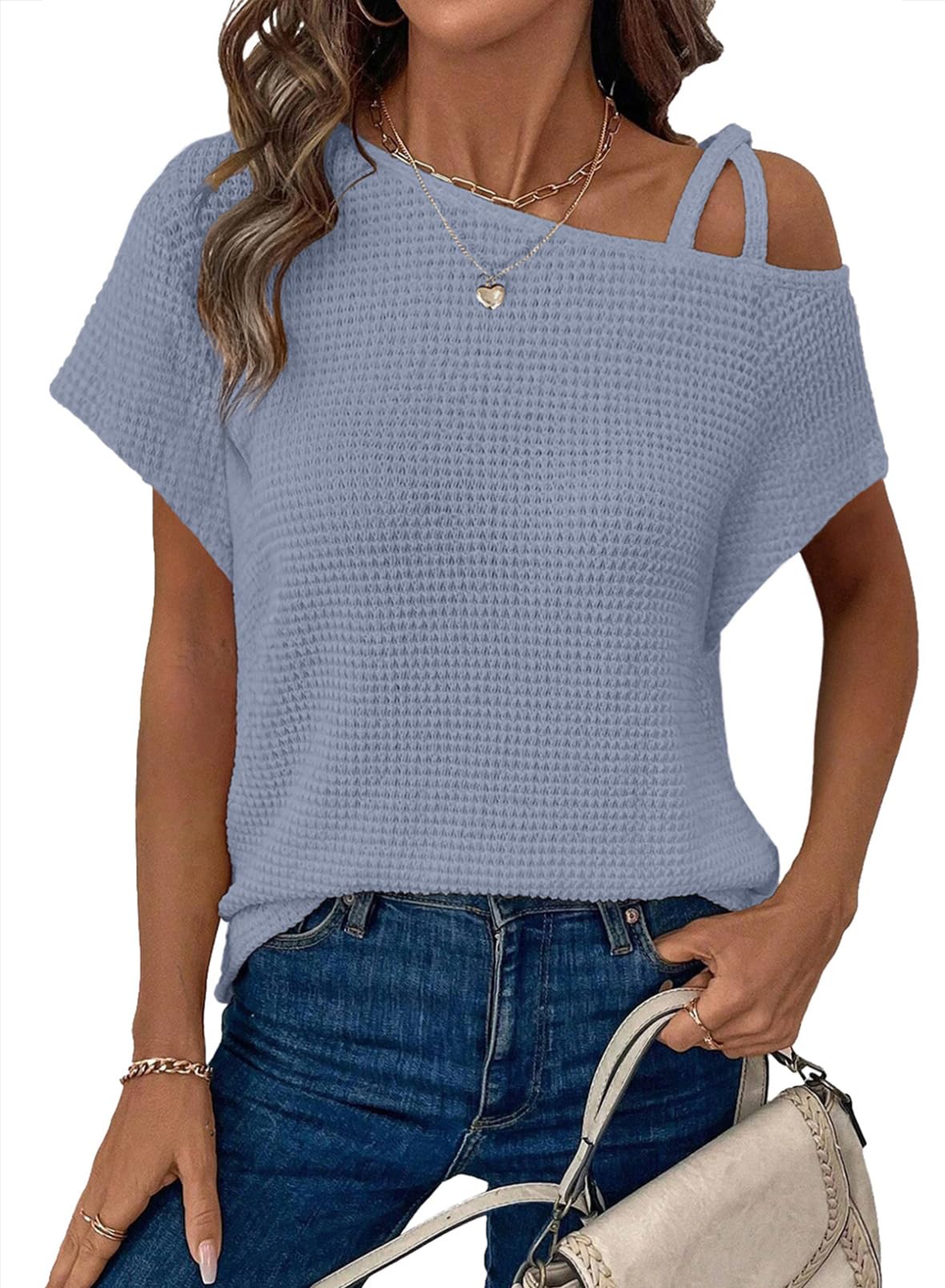 Women’s Solid Color Off-Shoulder Knit T-Shirt – Short Sleeve Casual Top