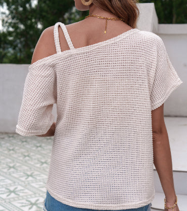 Women’s Solid Color Off-Shoulder Knit T-Shirt – Short Sleeve Casual Top