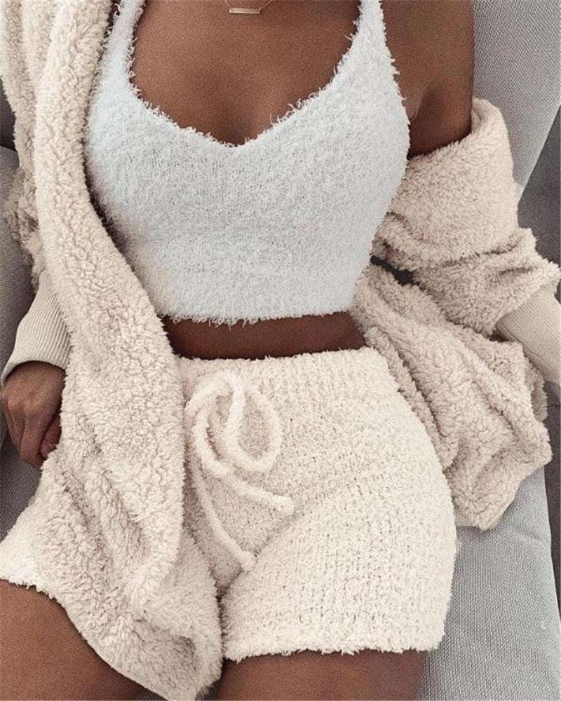 3-Piece Women’s Long Sleeve Crop Top & Shorts Pajama Set