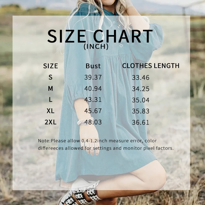 Women’s Corduroy Empire Waist Mini Dress – Button-Up 3/4 Sleeve Fall & Winter Dress