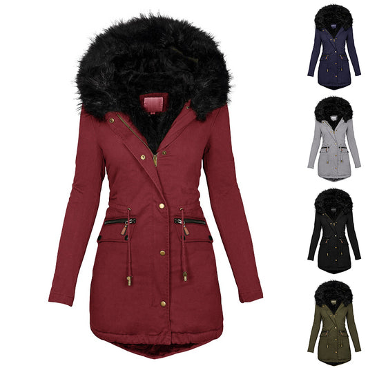 Women’s Plush Hooded Parka – Warm Winter Zip-Up Coat with Pockets