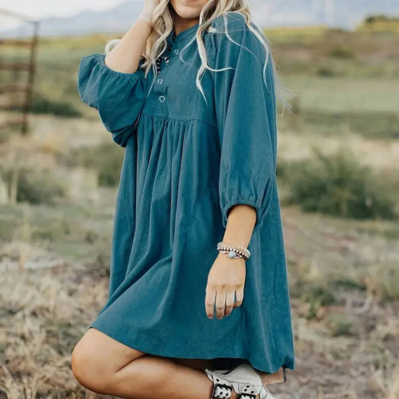 Women’s Corduroy Empire Waist Mini Dress – Button-Up 3/4 Sleeve Fall & Winter Dress