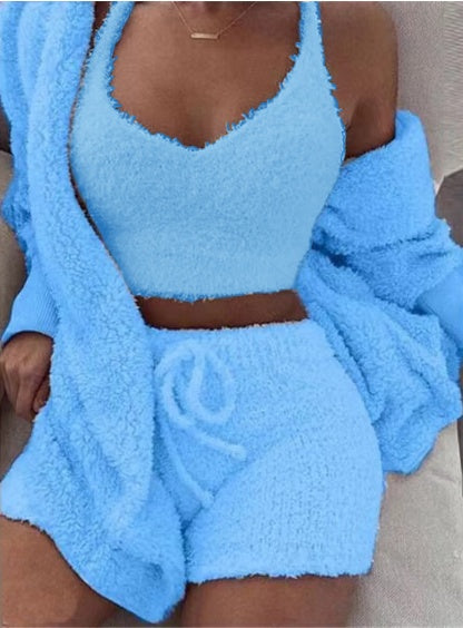 3-Piece Women’s Long Sleeve Crop Top & Shorts Pajama Set