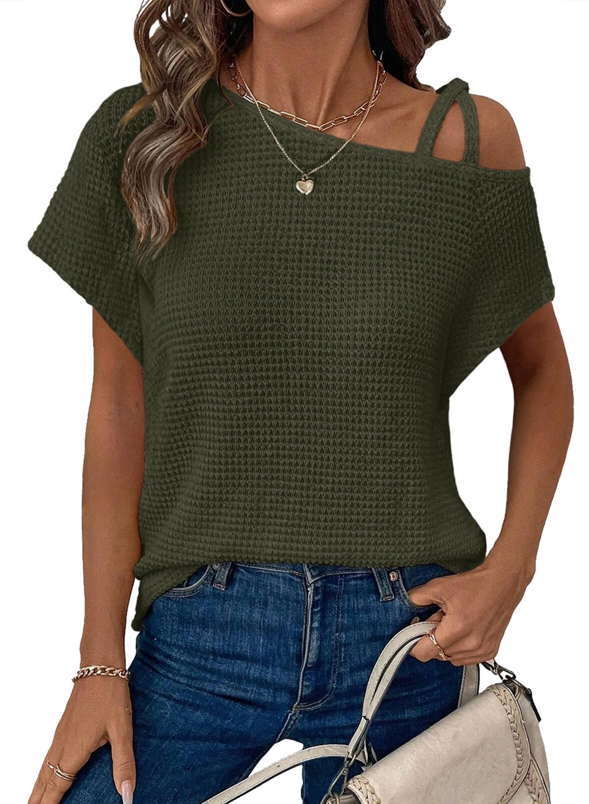 Women’s Solid Color Off-Shoulder Knit T-Shirt – Short Sleeve Casual Top