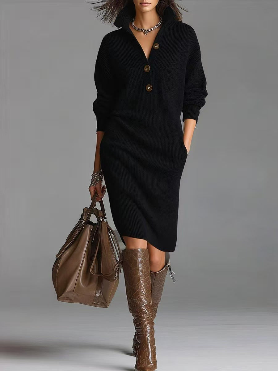 Women’s Winter Sweater Dress – Warm V-Neck Pullover with Button Detail