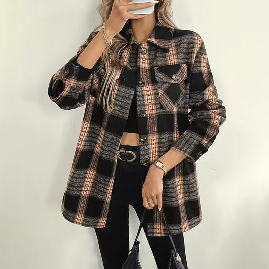 Women’s Plaid Fleece-Lined Jacket – Warm Long Sleeve Coat with Lapel Collar & Chest Pocket