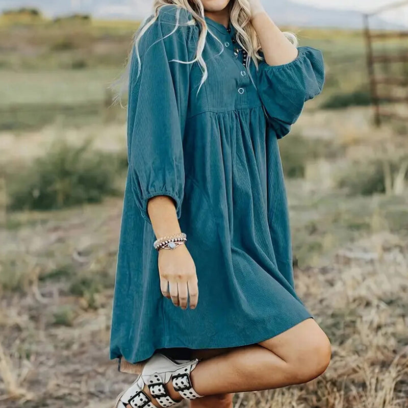Women’s Corduroy Empire Waist Mini Dress – Button-Up 3/4 Sleeve Fall & Winter Dress