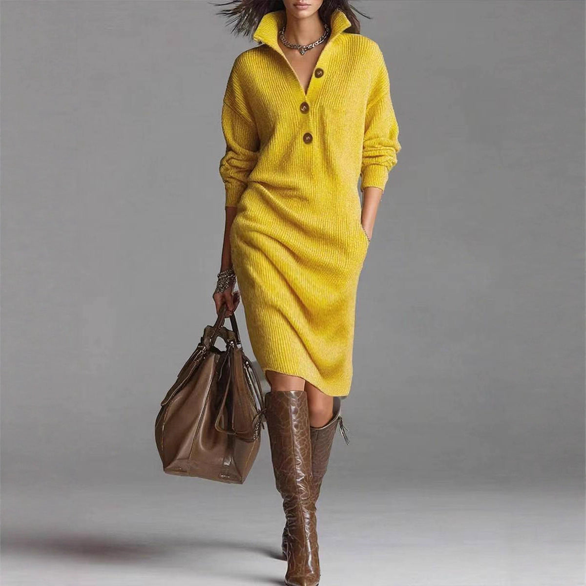 Women’s Winter Sweater Dress – Warm V-Neck Pullover with Button Detail