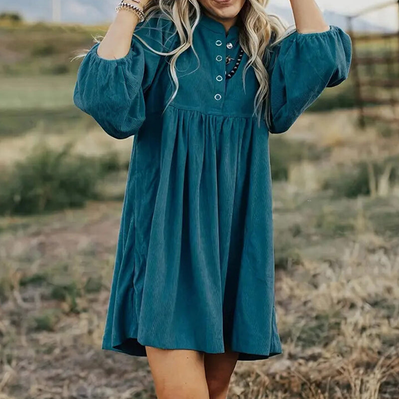 Women’s Corduroy Empire Waist Mini Dress – Button-Up 3/4 Sleeve Fall & Winter Dress