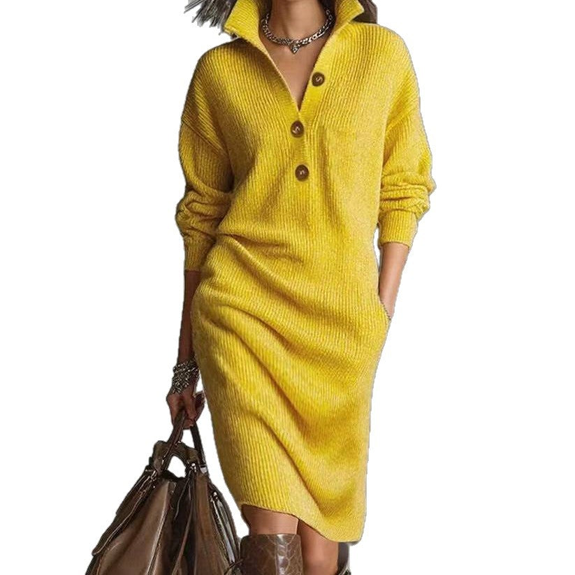 Women’s Winter Sweater Dress – Warm V-Neck Pullover with Button Detail