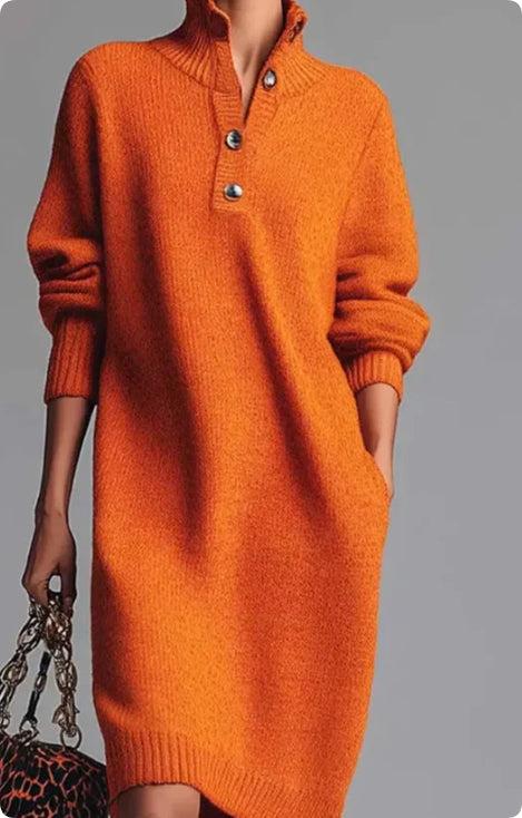 Women’s Winter Sweater Dress – Warm V-Neck Pullover with Button Detail