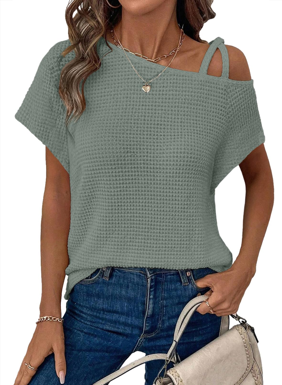 Women’s Solid Color Off-Shoulder Knit T-Shirt – Short Sleeve Casual Top