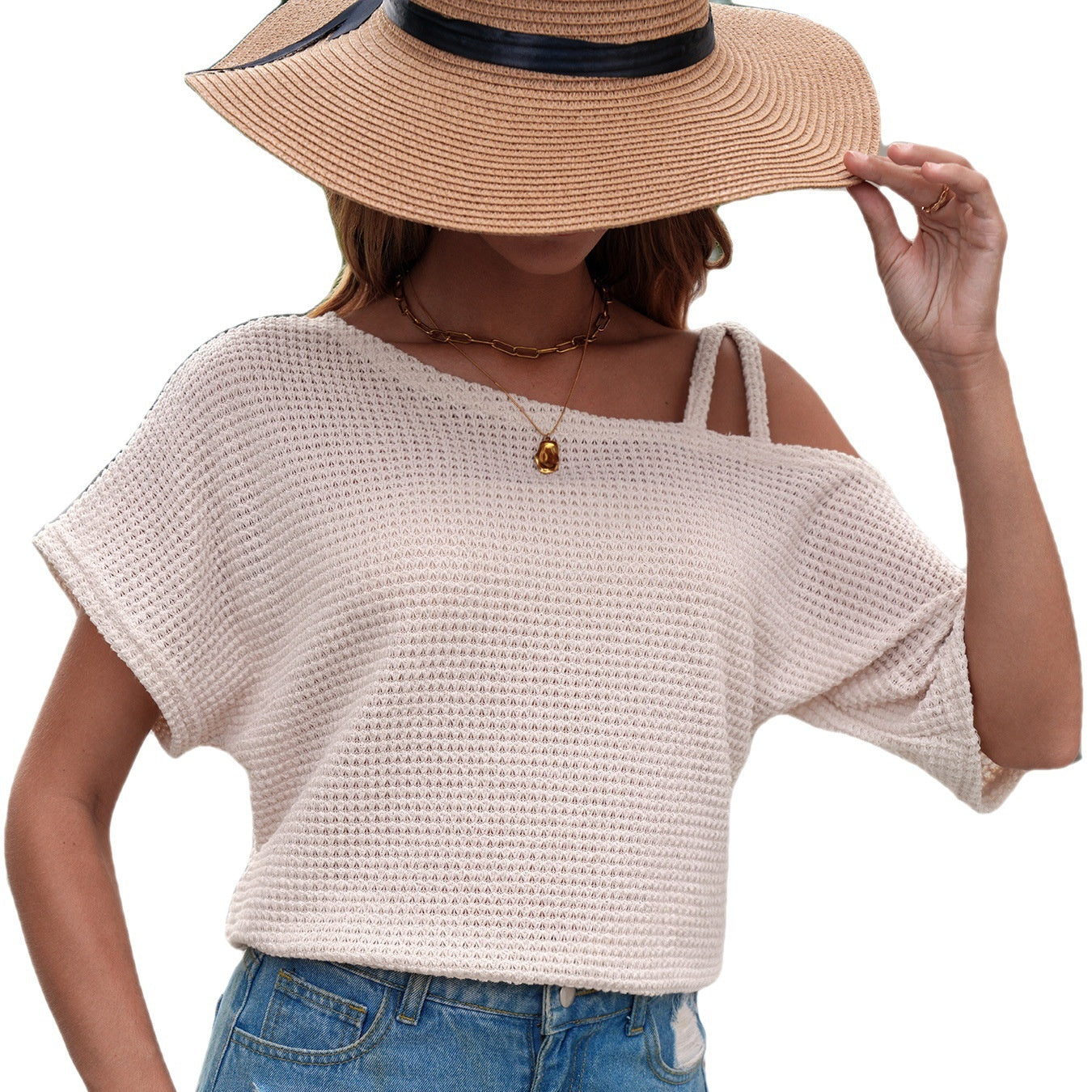 Women’s Solid Color Off-Shoulder Knit T-Shirt – Short Sleeve Casual Top