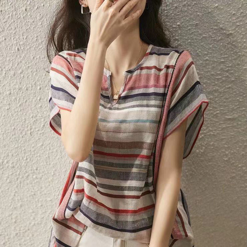 Women’s Striped Short Sleeve Shirt – Loose Fit Casual Summer Top