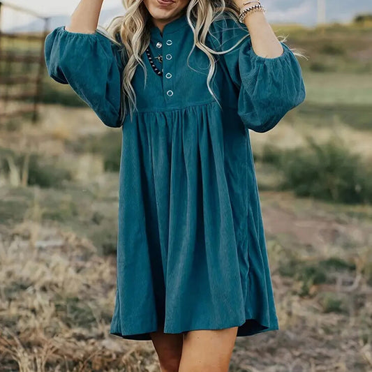 Women’s Corduroy Empire Waist Mini Dress – Button-Up 3/4 Sleeve Fall & Winter Dress