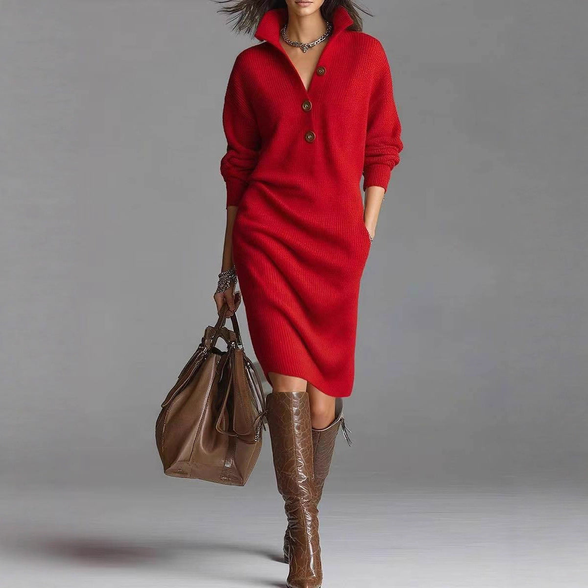 Women’s Winter Sweater Dress – Warm V-Neck Pullover with Button Detail