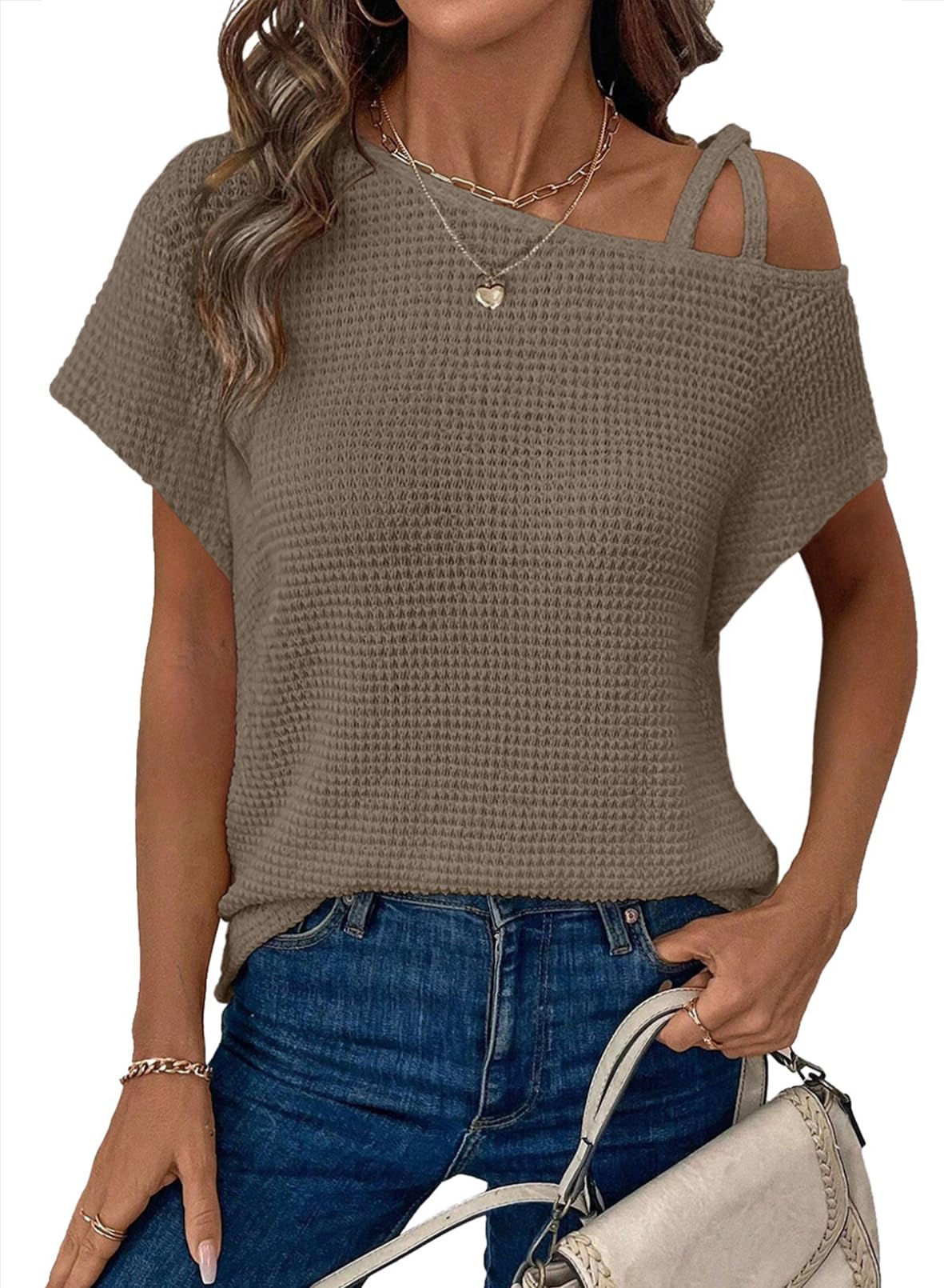 Women’s Solid Color Off-Shoulder Knit T-Shirt – Short Sleeve Casual Top