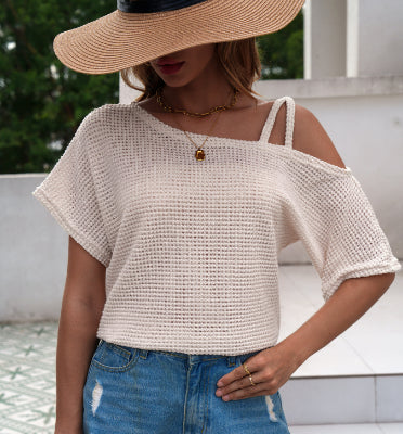 Women’s Solid Color Off-Shoulder Knit T-Shirt – Short Sleeve Casual Top