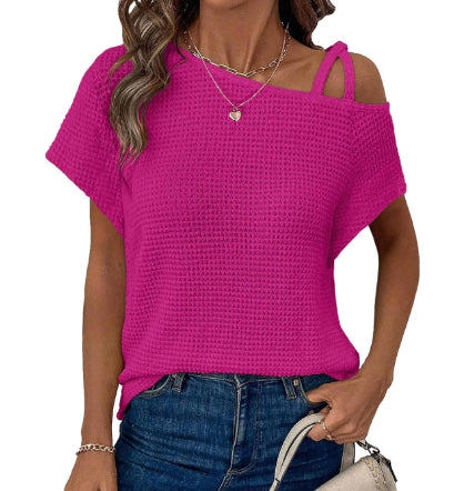 Women’s Solid Color Off-Shoulder Knit T-Shirt – Short Sleeve Casual Top