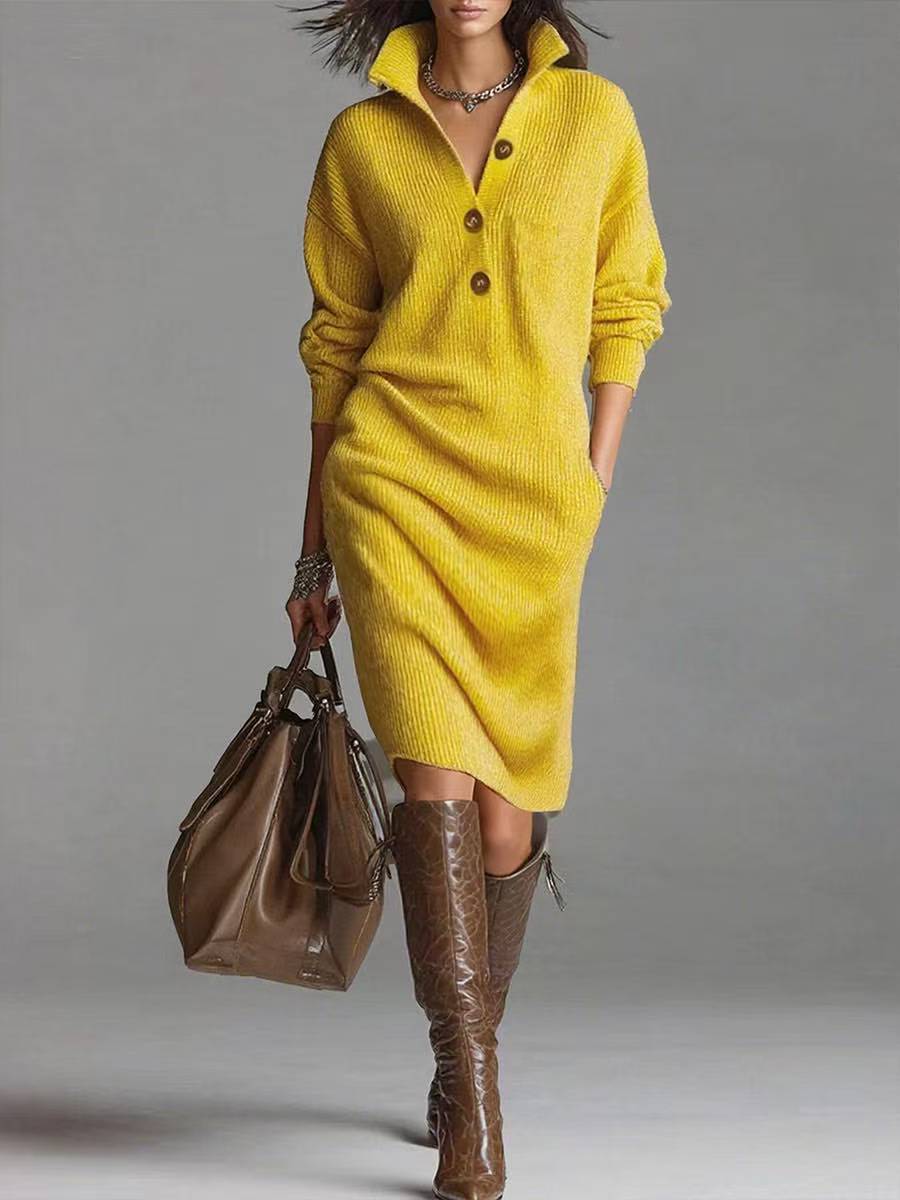 Women’s Winter Sweater Dress – Warm V-Neck Pullover with Button Detail