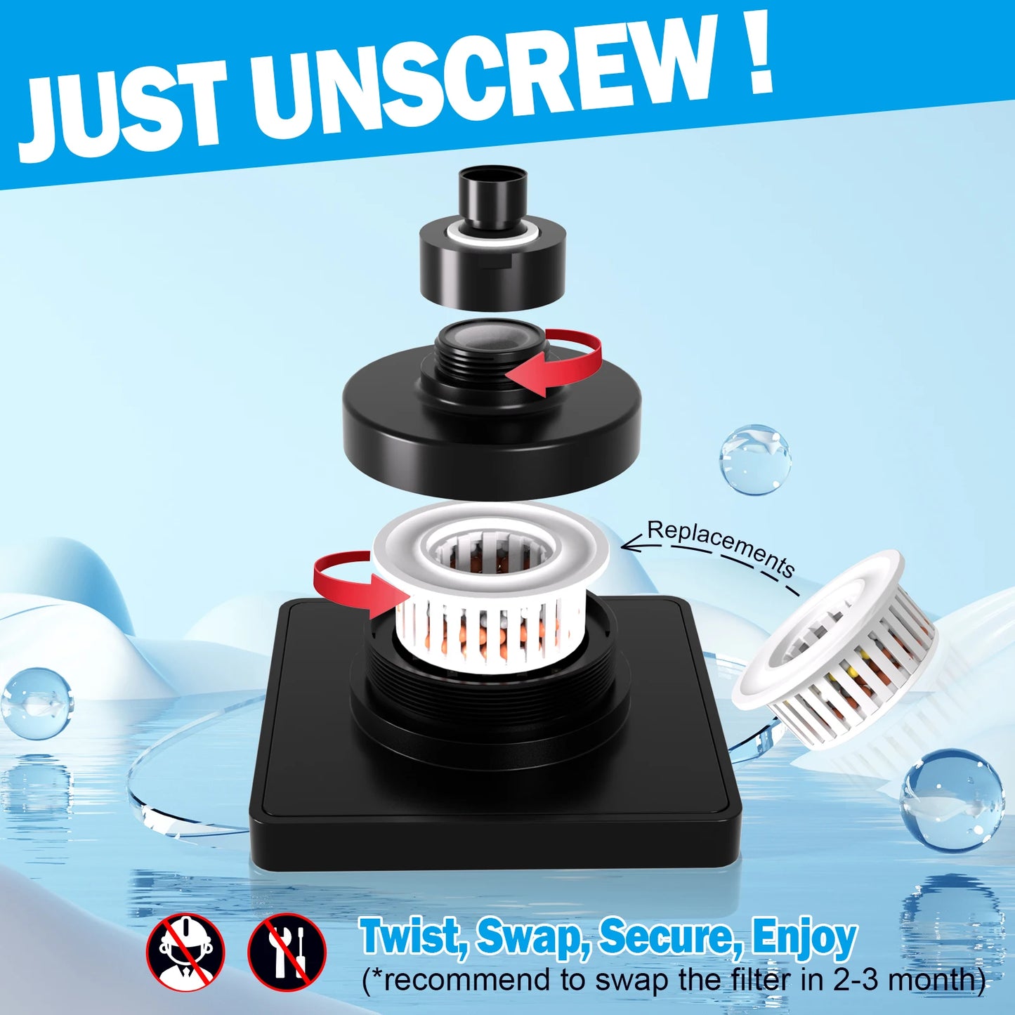 High Pressure 6" Square Filtered Shower Head 2 Filters - Removes Chlorine Impurities Improves Skin & Hair Care - Matte Black