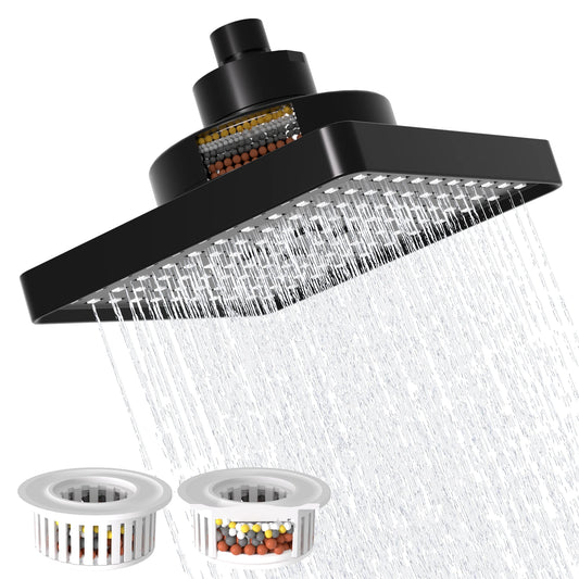 High Pressure 6" Square Filtered Shower Head 2 Filters - Removes Chlorine Impurities Improves Skin & Hair Care - Matte Black