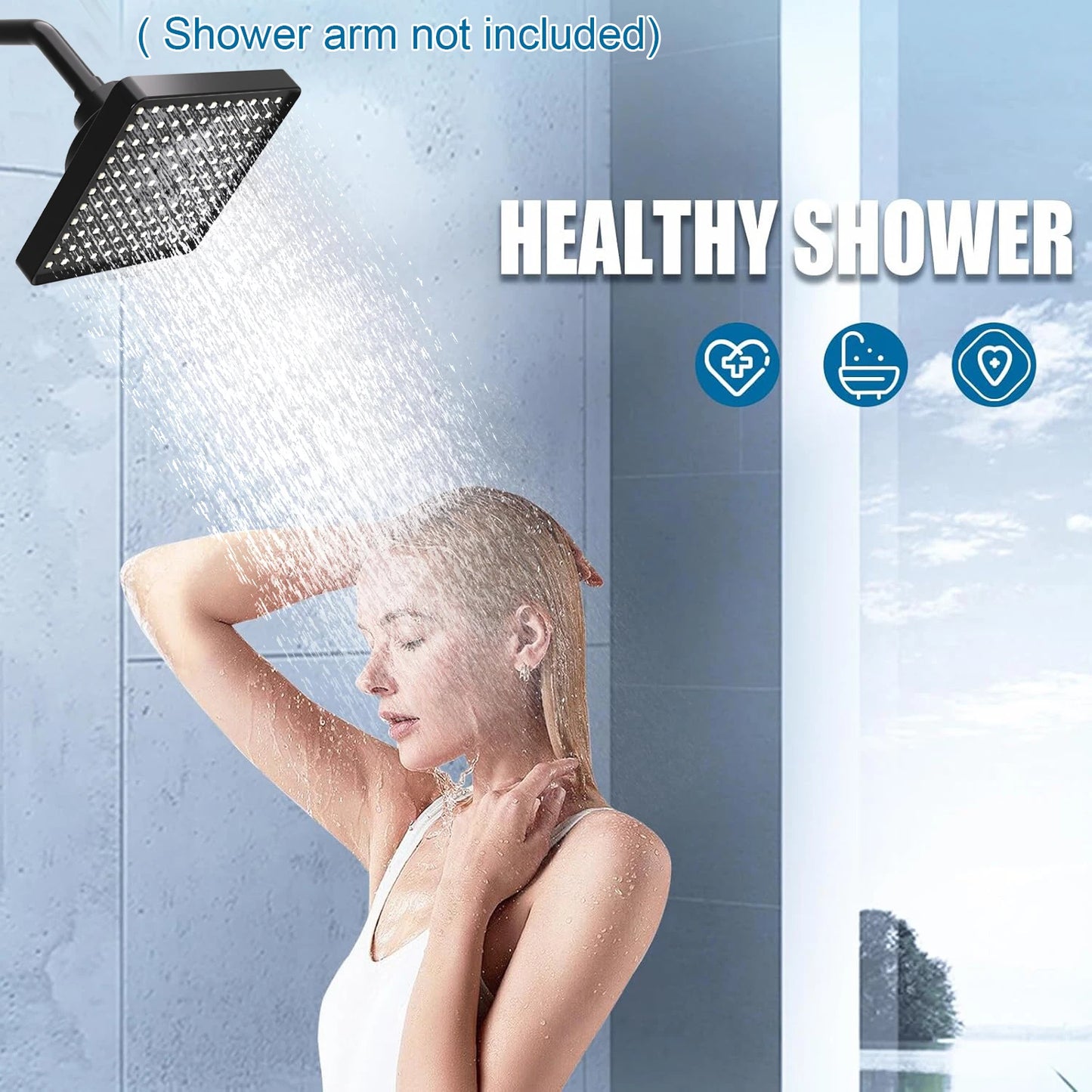 High Pressure 6" Square Filtered Shower Head 2 Filters - Removes Chlorine Impurities Improves Skin & Hair Care - Matte Black