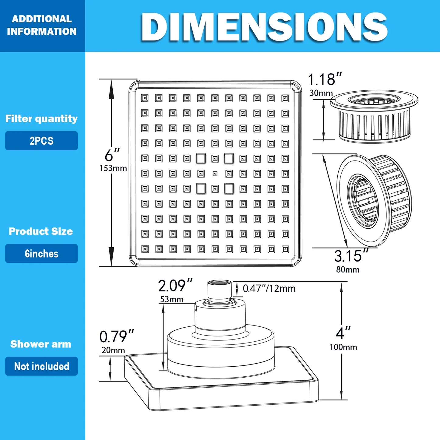 High Pressure 6" Square Filtered Shower Head 2 Filters - Removes Chlorine Impurities Improves Skin & Hair Care - Matte Black