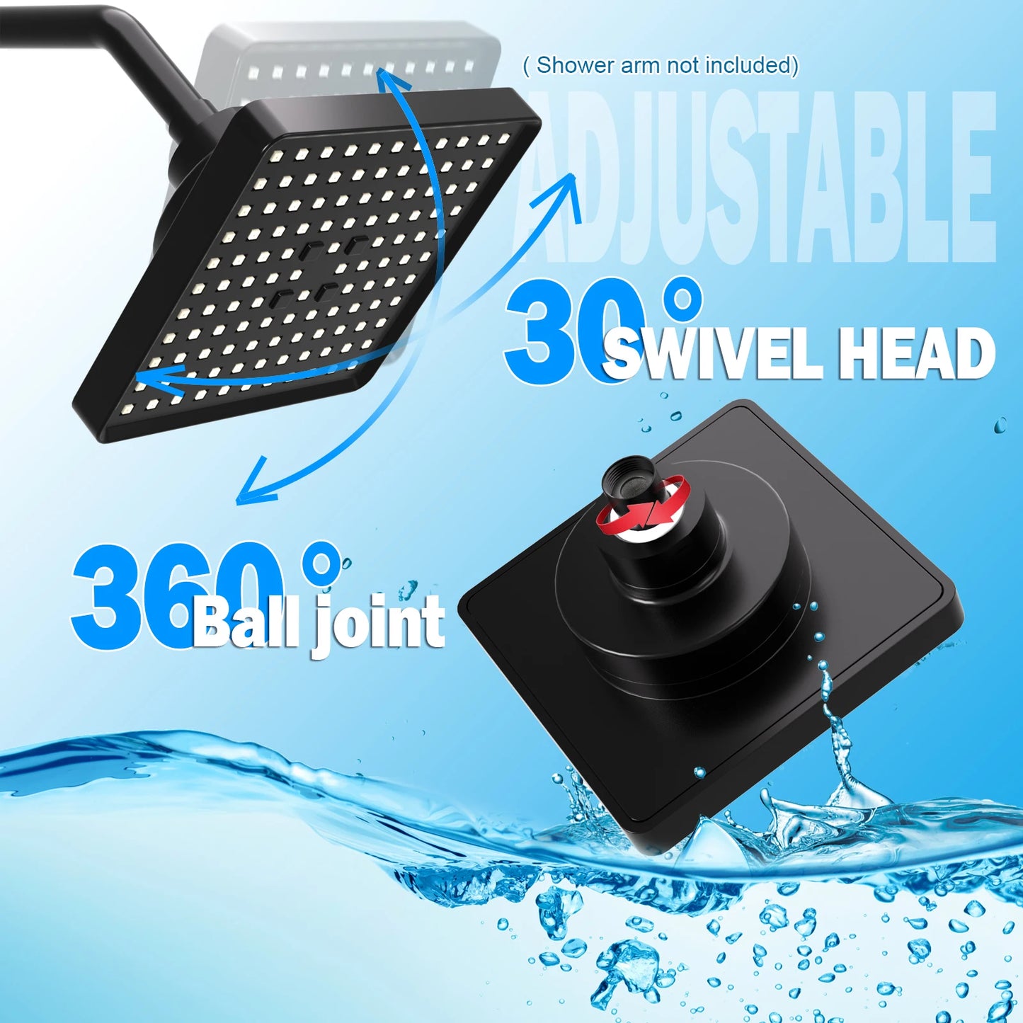 High Pressure 6" Square Filtered Shower Head 2 Filters - Removes Chlorine Impurities Improves Skin & Hair Care - Matte Black