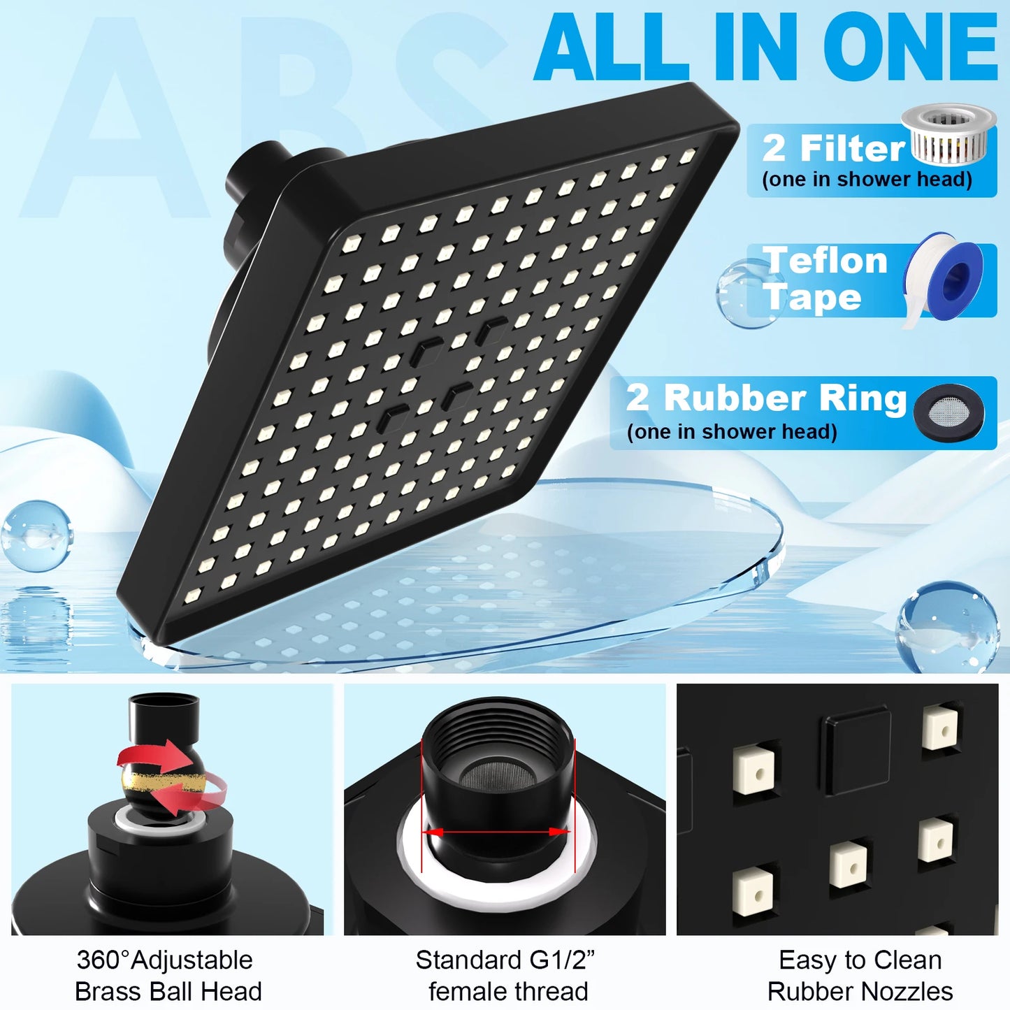 High Pressure 6" Square Filtered Shower Head 2 Filters - Removes Chlorine Impurities Improves Skin & Hair Care - Matte Black