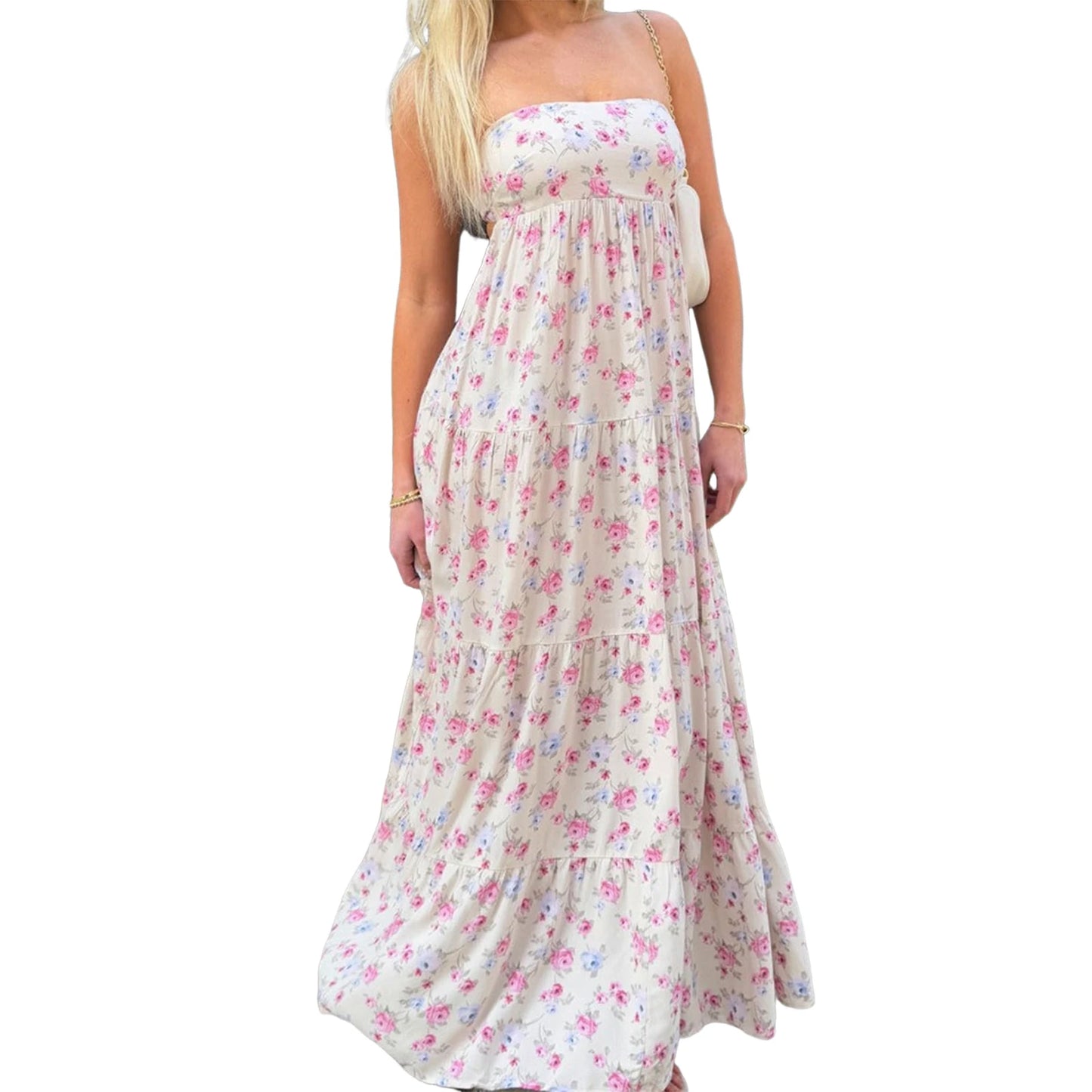 Women’s Off-Shoulder Boho Floral Maxi Dress – Lace-Up Back Summer Party Outfit