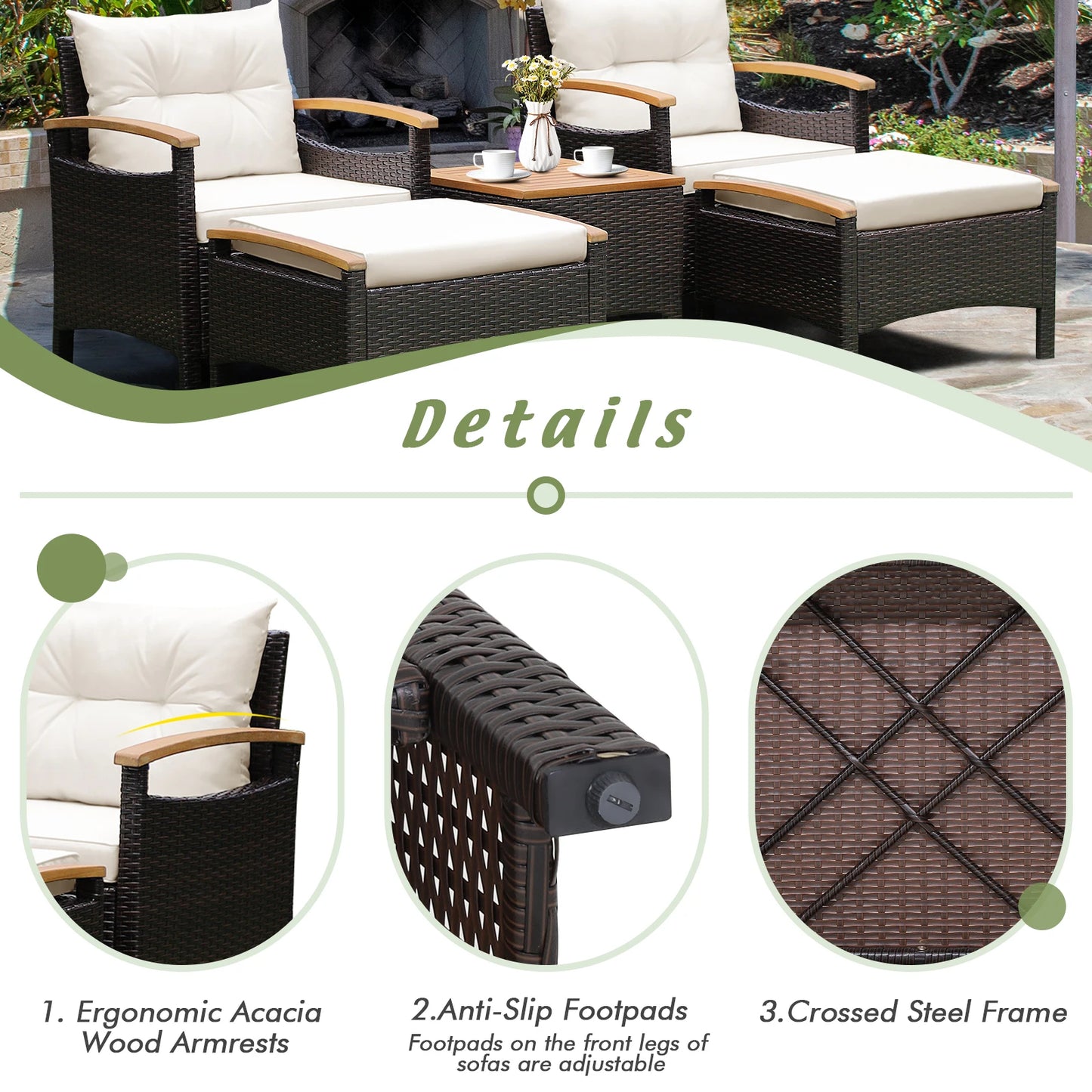5-Piece Patio Rattan Furniture Set – Sofa, Ottomans & Table with Wood Top