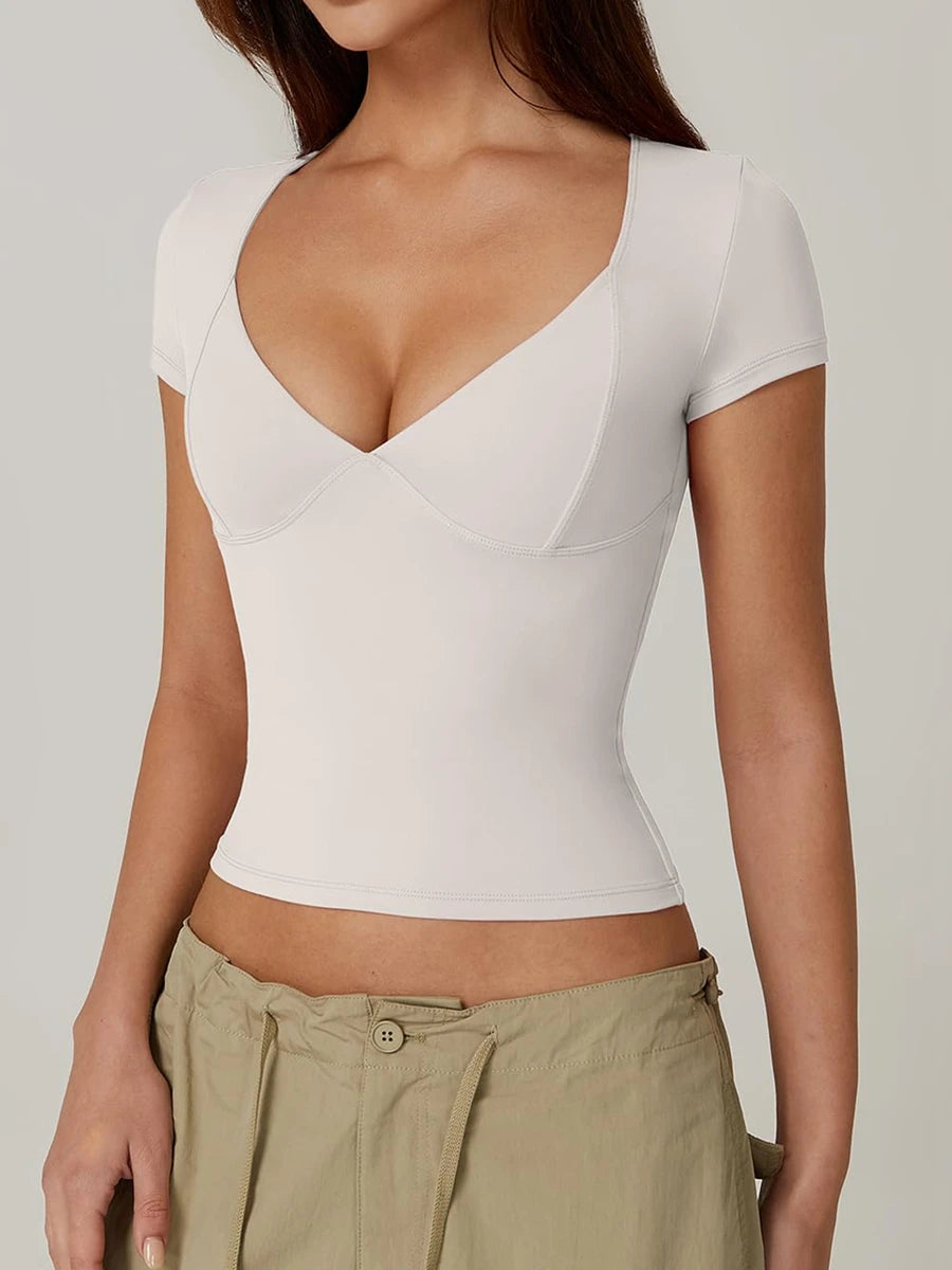 Women’s Solid Color Sweetheart Neck T-Shirt – Short Sleeve Summer Top