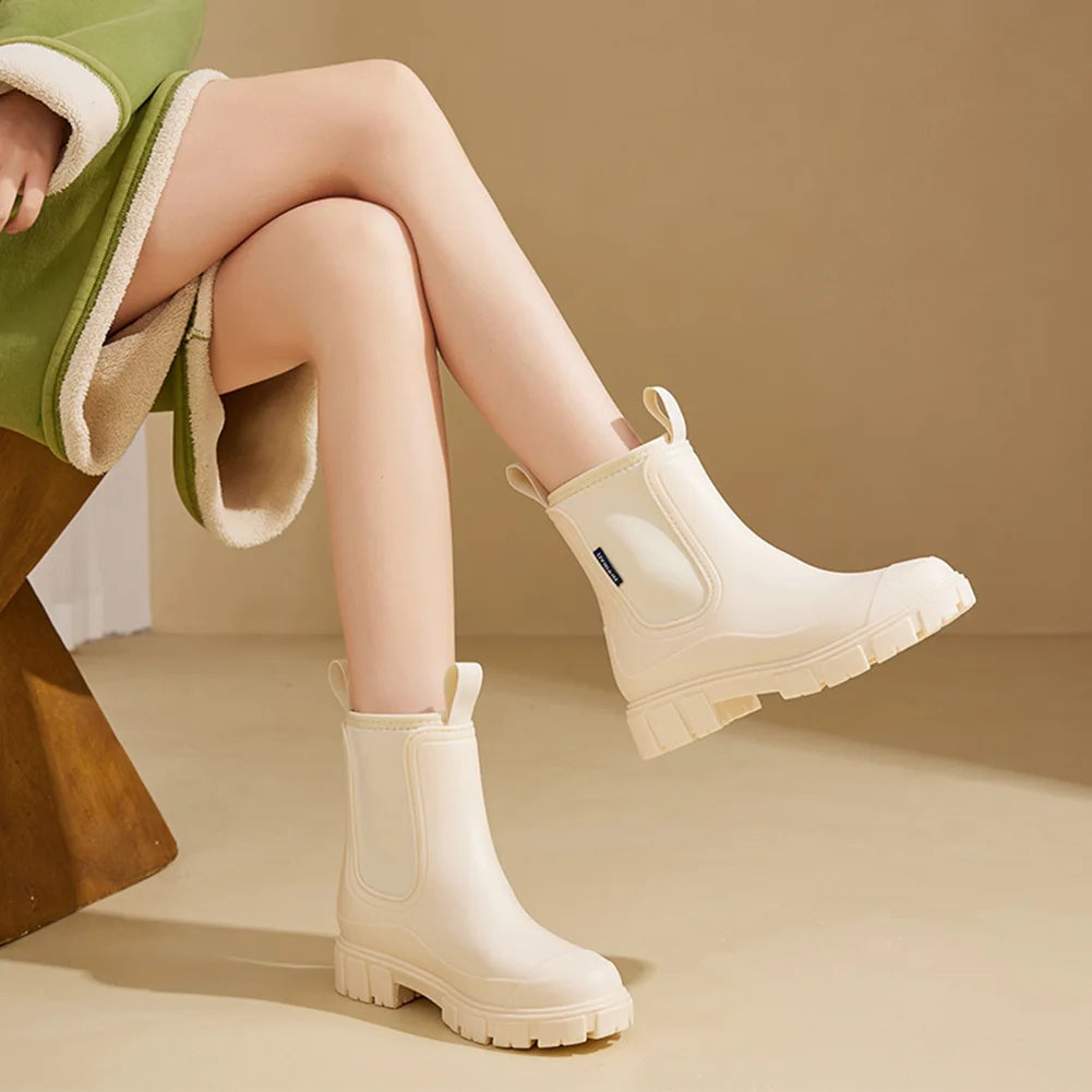 Women’s Waterproof Chelsea Rain Boots – Plush Lined, Anti-Slip Ankle Shoes for Garden & Outdoor Work