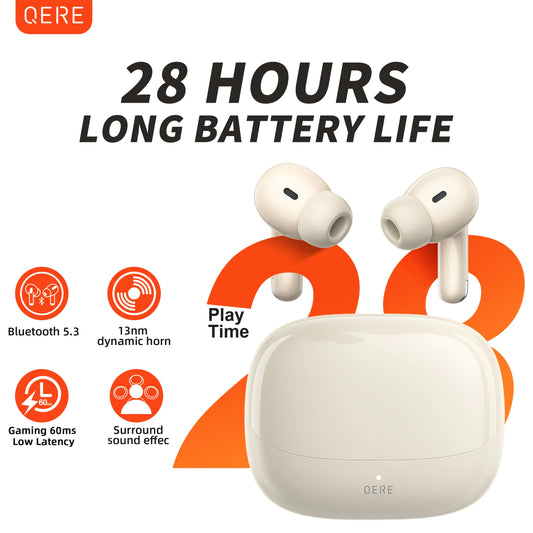 QERE E38 TWS Wireless Earbuds – Bluetooth 5.3, Hi-Fi Sound, Quad Mic ENC, Low-Latency Gaming