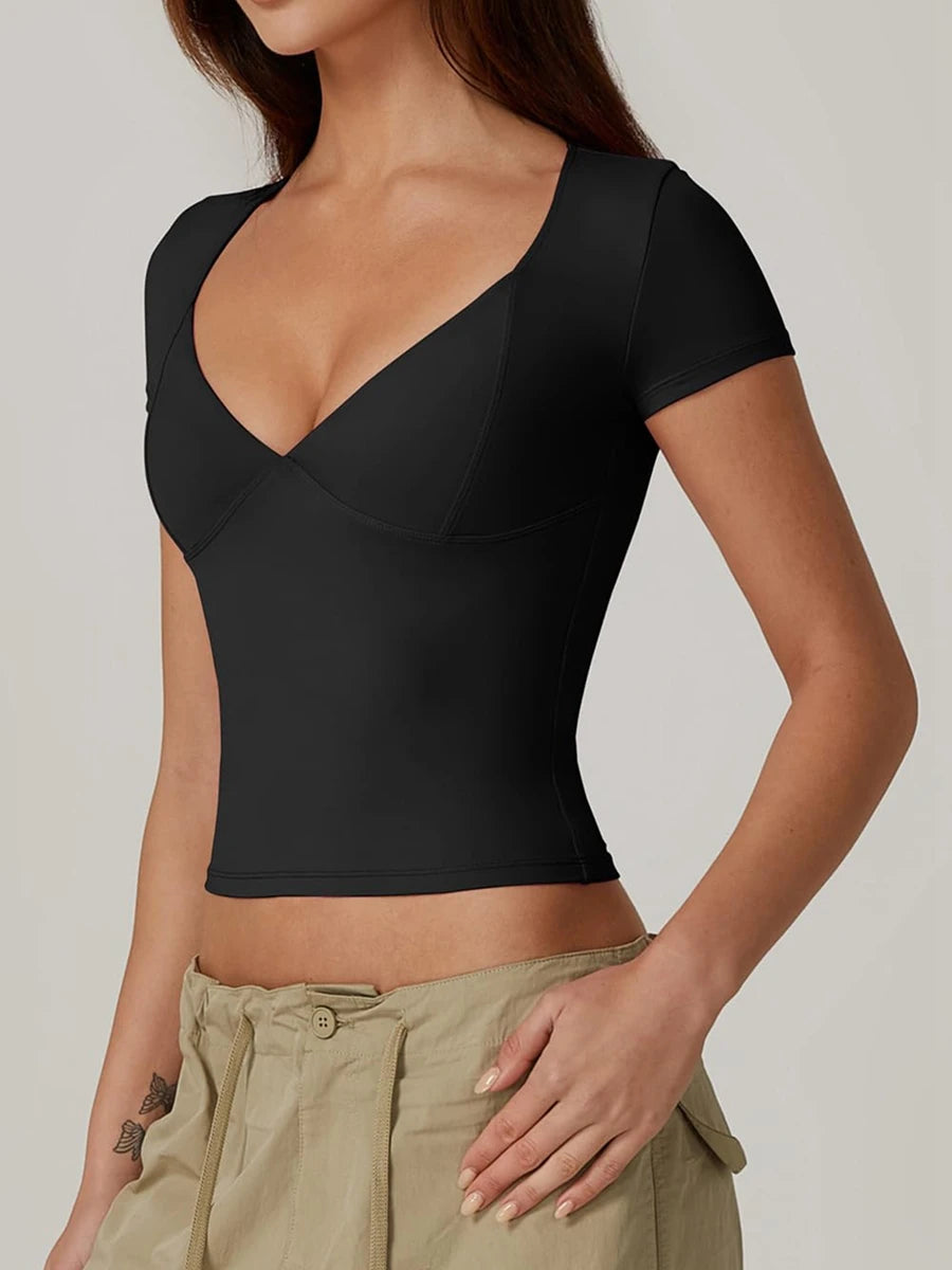 Women’s Solid Color Sweetheart Neck T-Shirt – Short Sleeve Summer Top