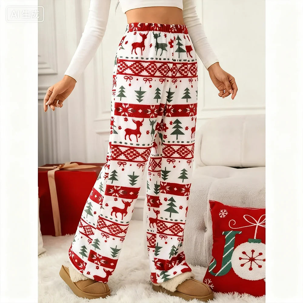 Hot Selling New Christmas Reindeer Cartoon Women's Autumn And Winter Sleeping Pants Casual Home Printed Warm Sleeping Pants