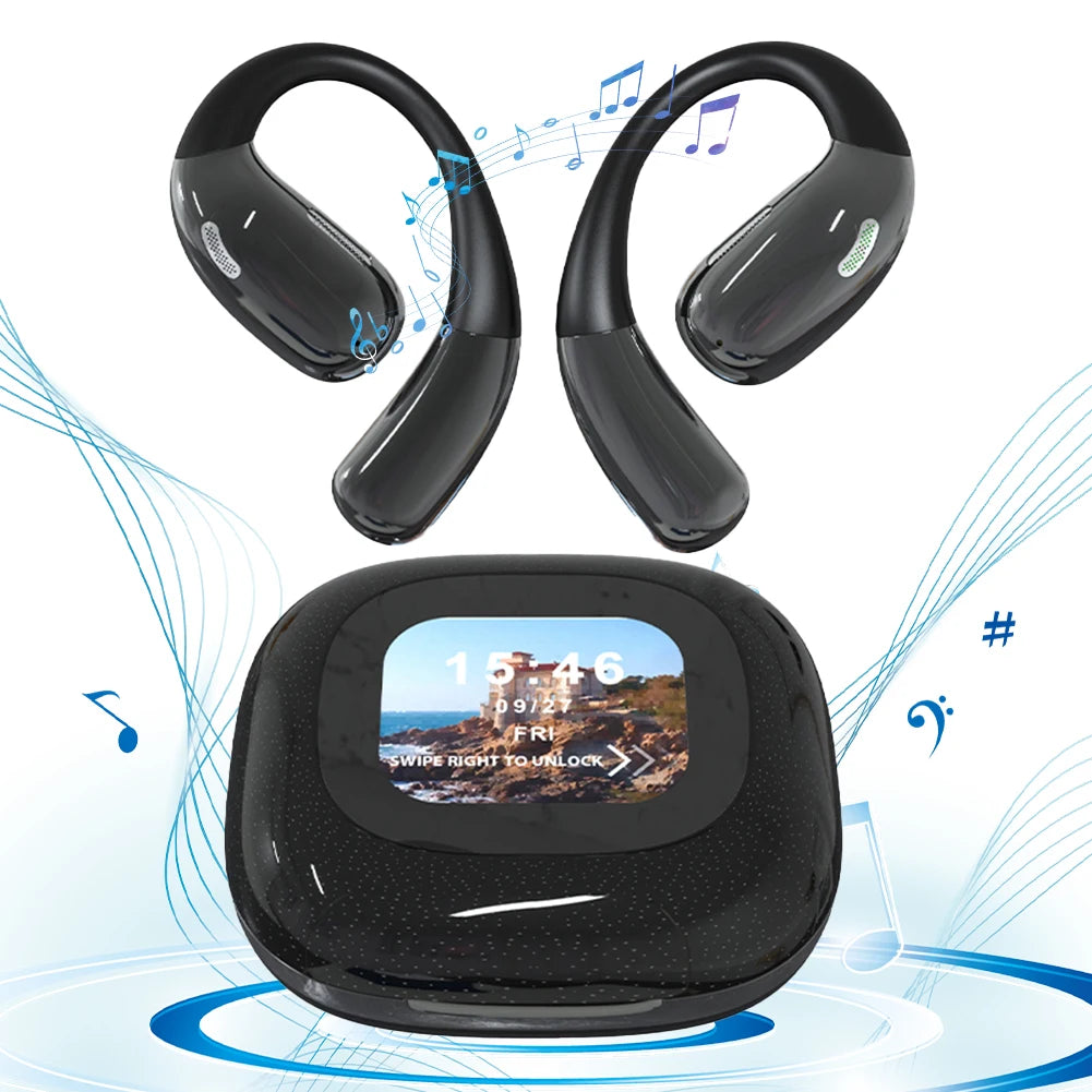 Bluetooth 5.3 Earhook Sport Headphones – Noise-Canceling Wireless Earphones with Touch Color Screen for Workouts & Running